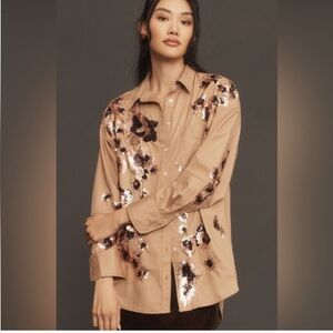 Anthropologie The Bennet Buttondown Shirt by Maeve Sequin Leopard Edition Size L